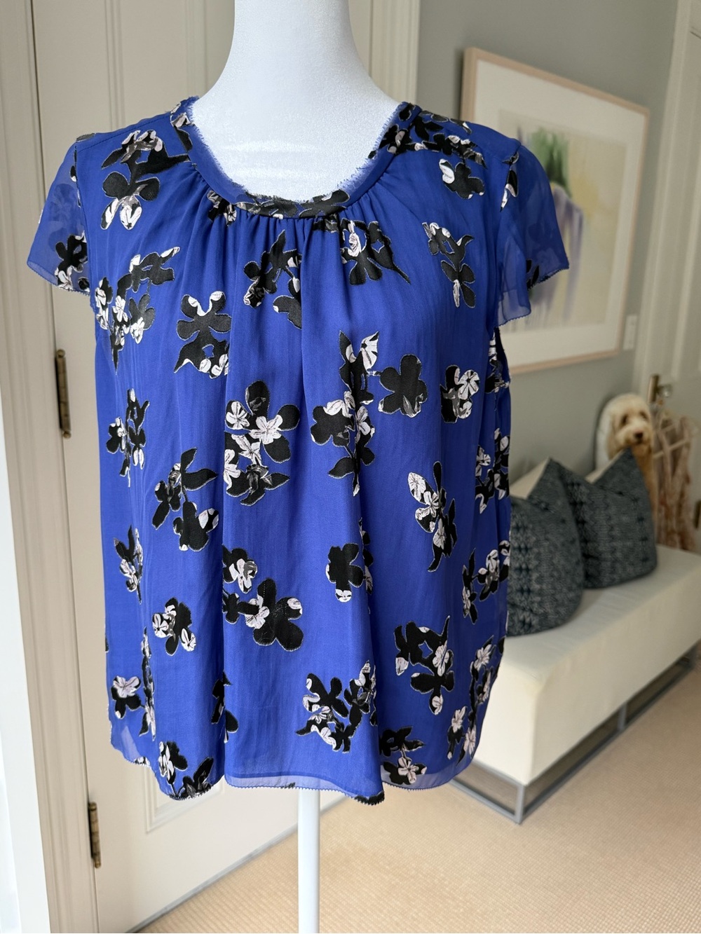 Rebecca Taylor Royal Blue Floral Short-Sleeve Blouse